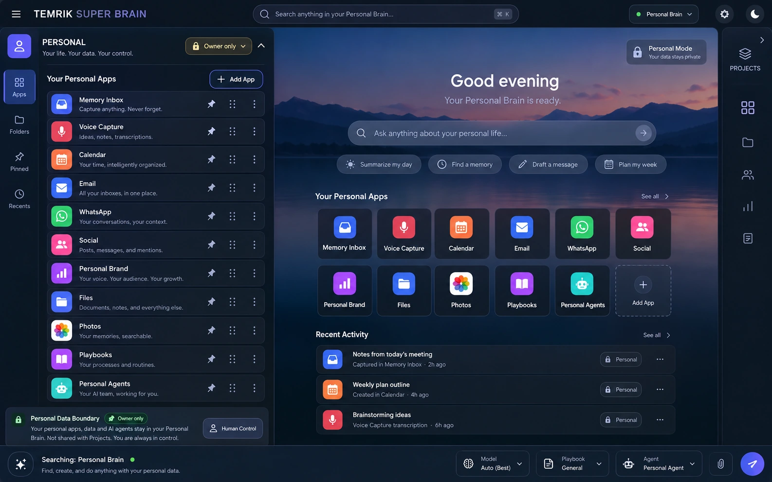 Representation of a Personal Brain workspace, showing personal memory, notes, calendar, files, messages, playbooks and personal agents.