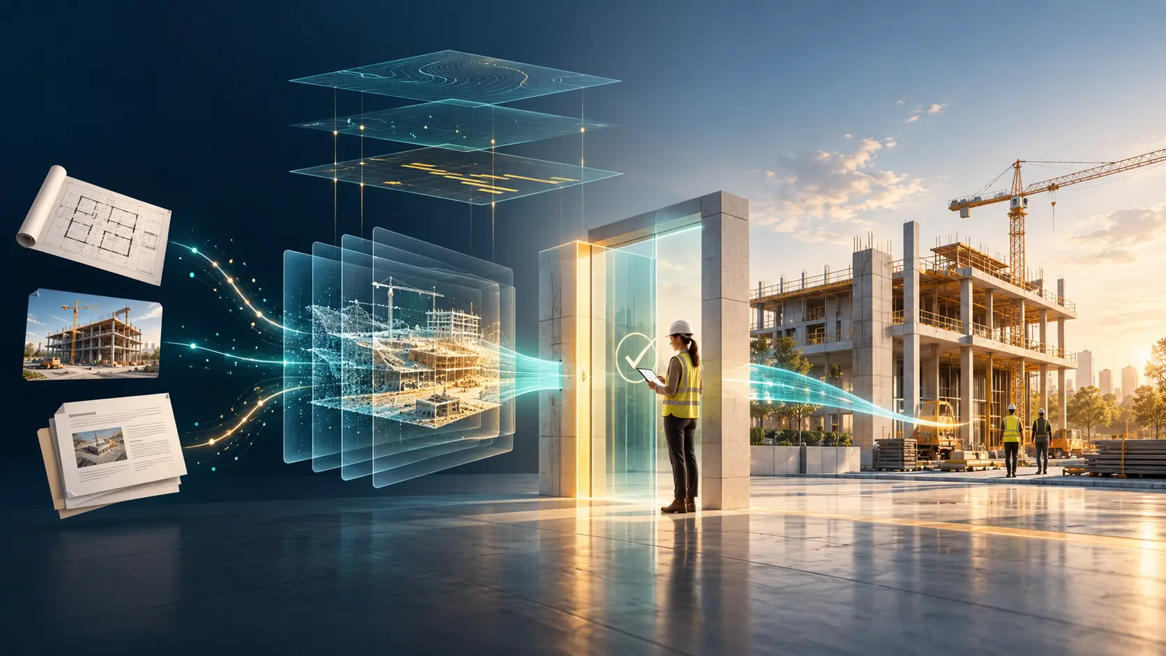 Illustrative construction scene showing project records and evidence moving through a human review gate before site action.