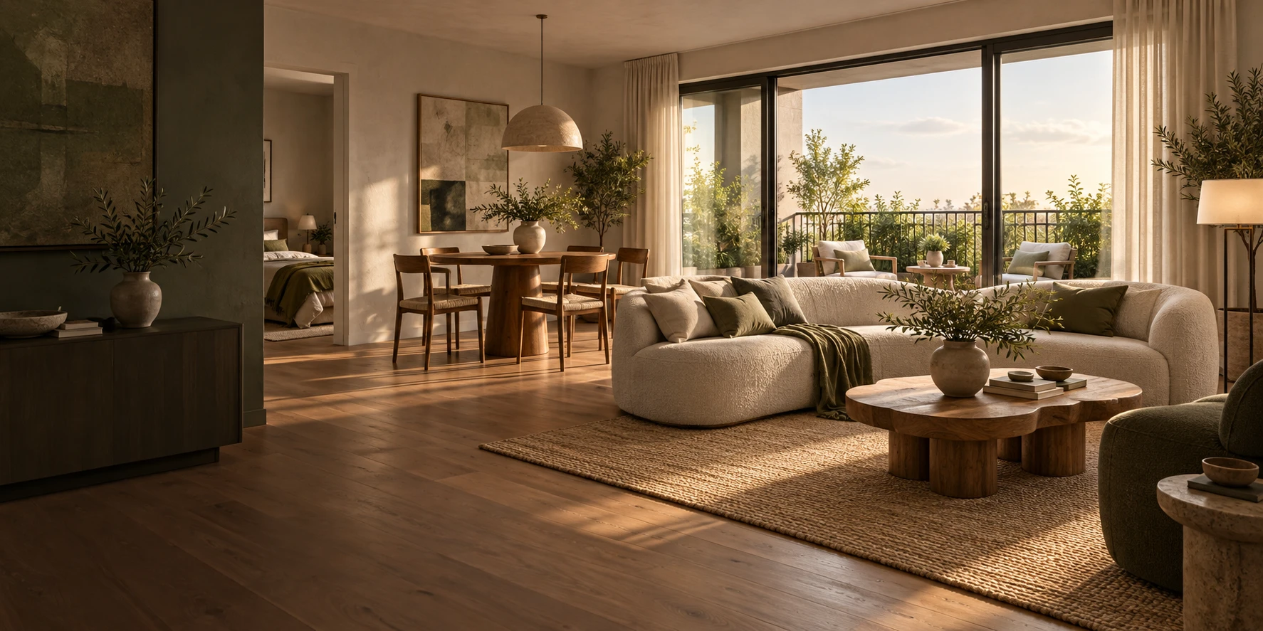AI interior concept: warm oak, linen seating and a planted balcony in a fictional apartment